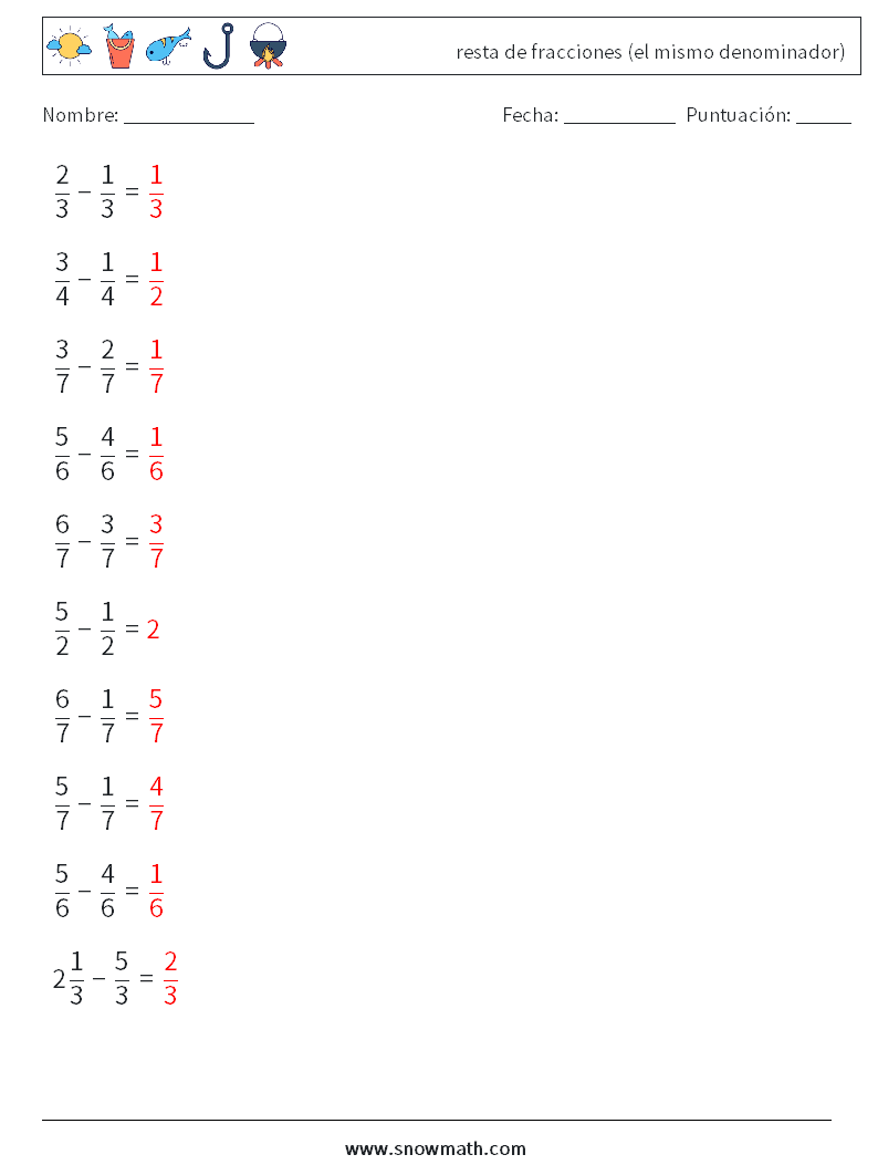 (10) resta de fracciones (el mismo denominador) Hojas de trabajo de matemáticas 3 Pregunta, respuesta
