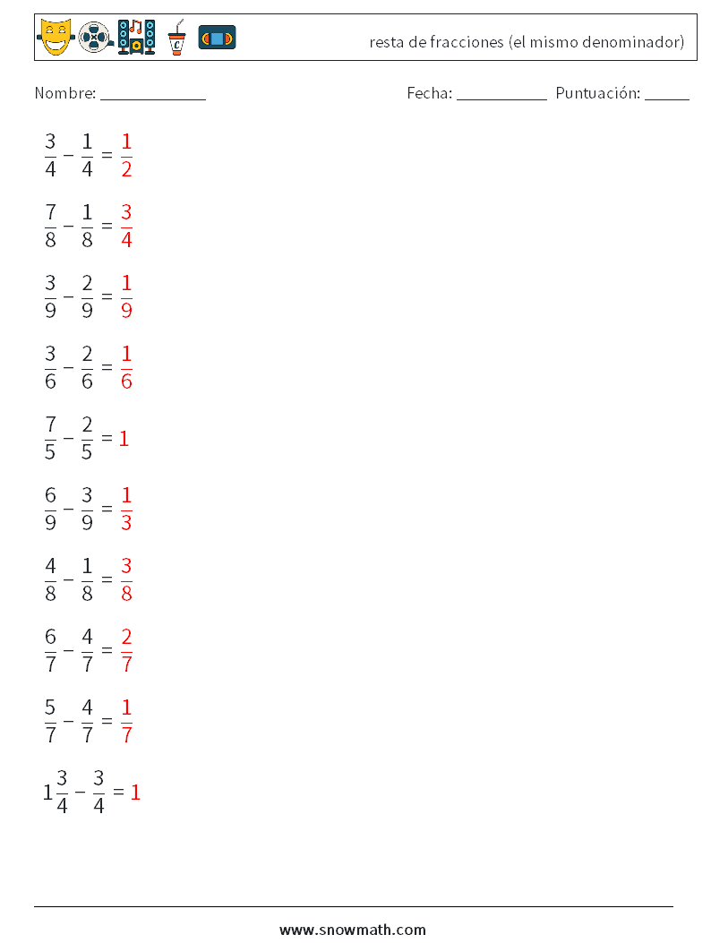 (10) resta de fracciones (el mismo denominador) Hojas de trabajo de matemáticas 4 Pregunta, respuesta