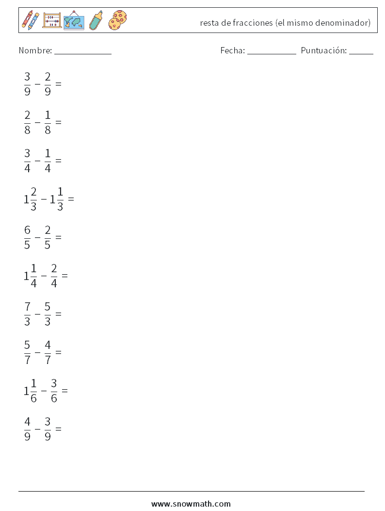 (10) resta de fracciones (el mismo denominador) Hojas de trabajo de matemáticas 5