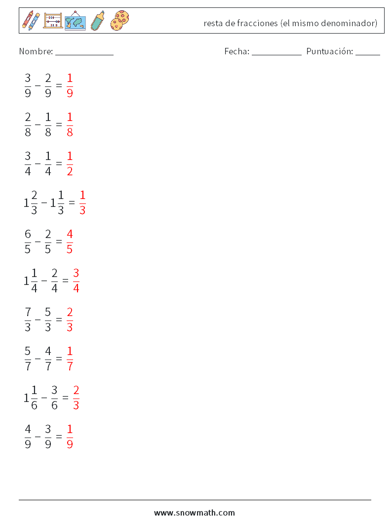 (10) resta de fracciones (el mismo denominador) Hojas de trabajo de matemáticas 5 Pregunta, respuesta