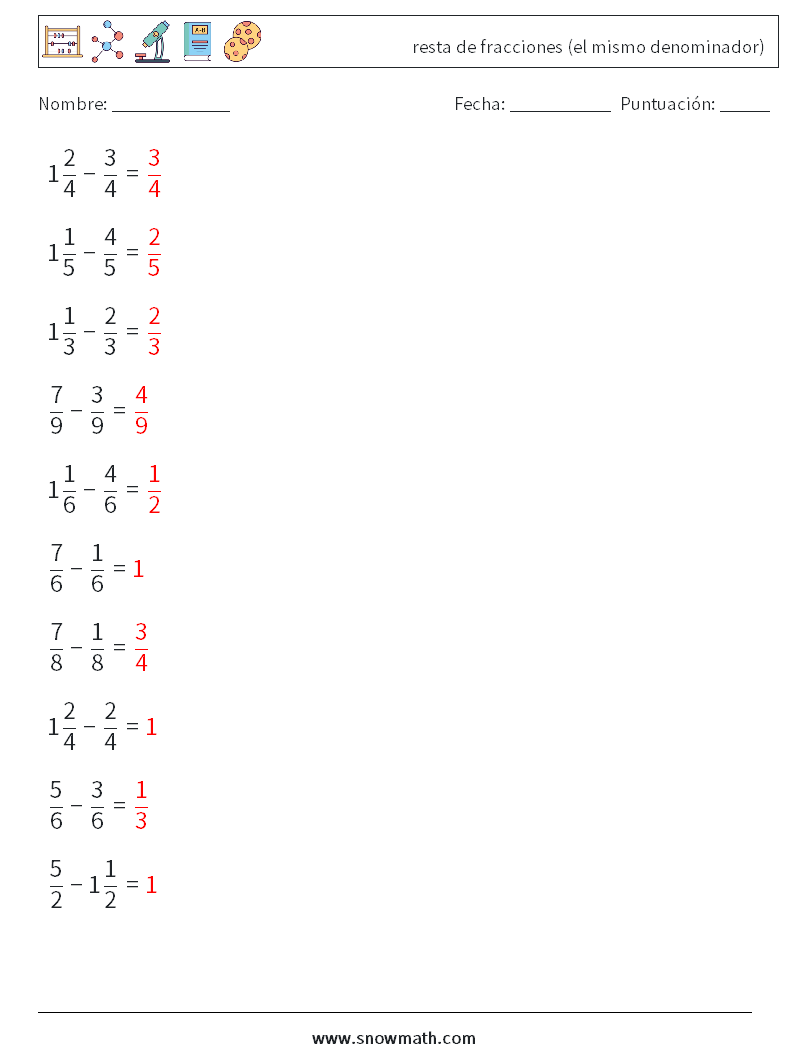 (10) resta de fracciones (el mismo denominador) Hojas de trabajo de matemáticas 6 Pregunta, respuesta