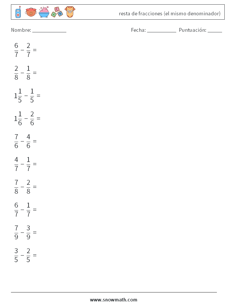 (10) resta de fracciones (el mismo denominador) Hojas de trabajo de matemáticas 9