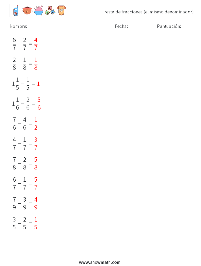 (10) resta de fracciones (el mismo denominador) Hojas de trabajo de matemáticas 9 Pregunta, respuesta