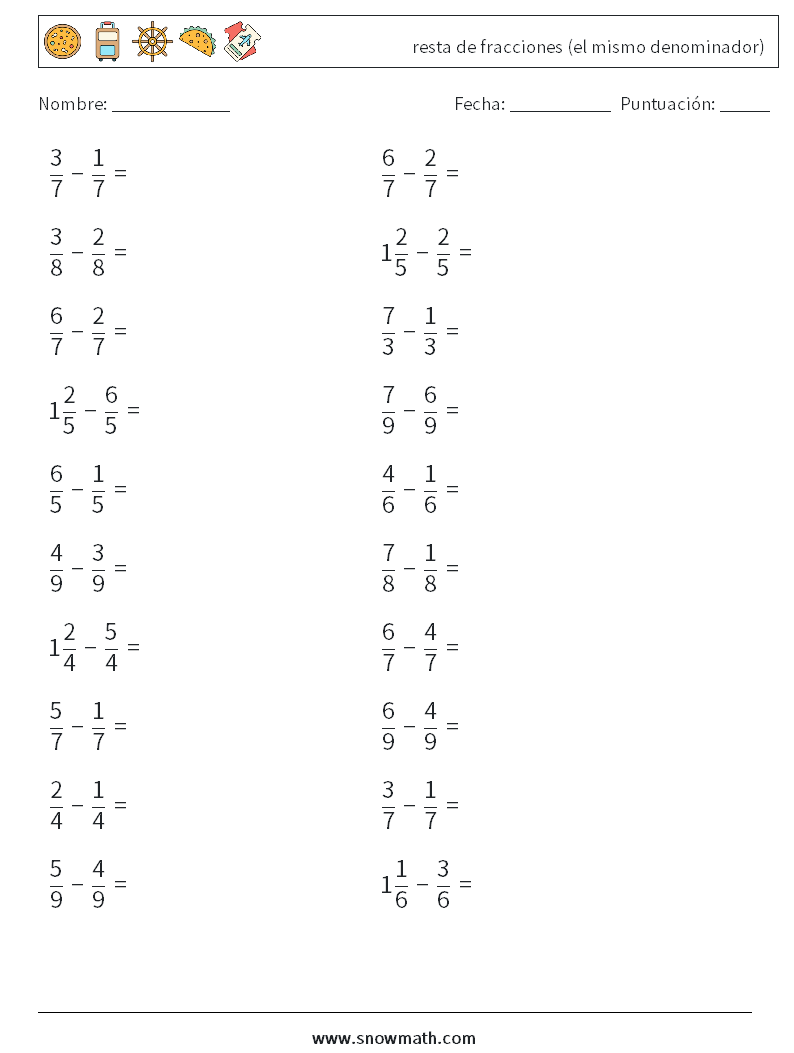 (20) resta de fracciones (el mismo denominador) Hojas de trabajo de matemáticas 10