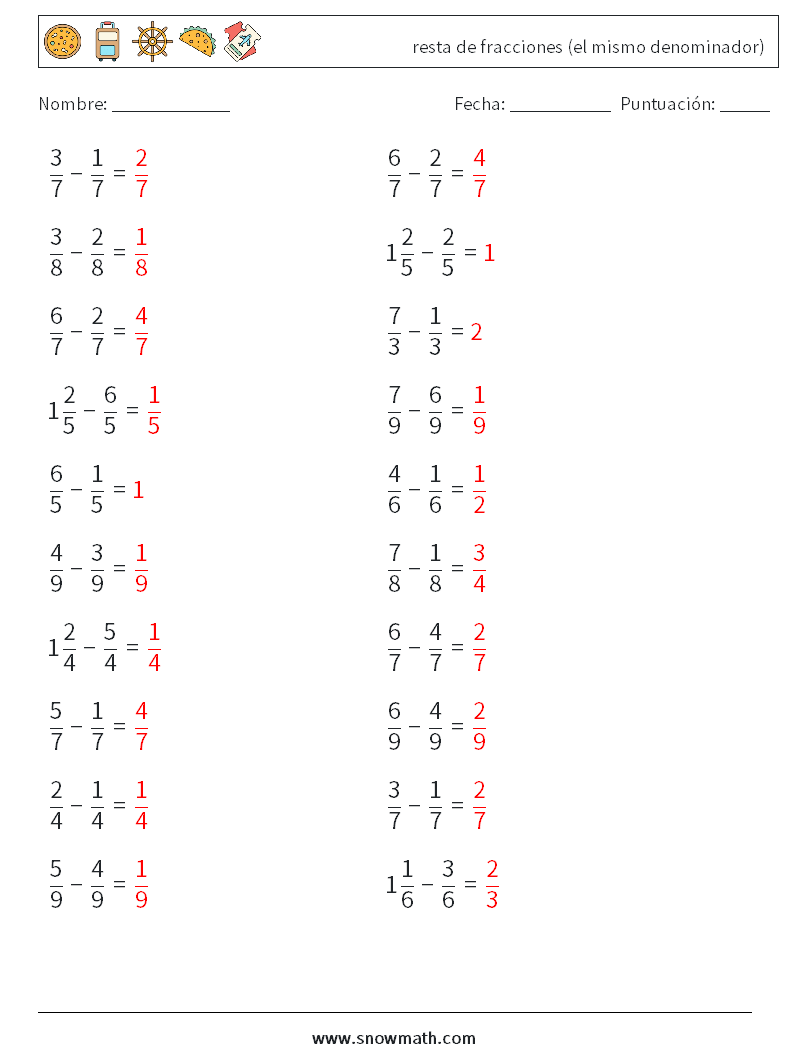 (20) resta de fracciones (el mismo denominador) Hojas de trabajo de matemáticas 10 Pregunta, respuesta
