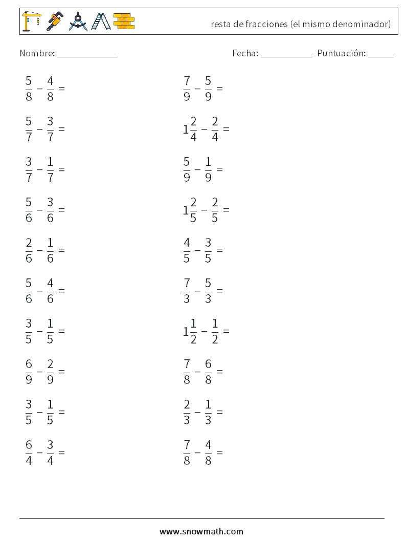 (20) resta de fracciones (el mismo denominador) Hojas de trabajo de matemáticas 11