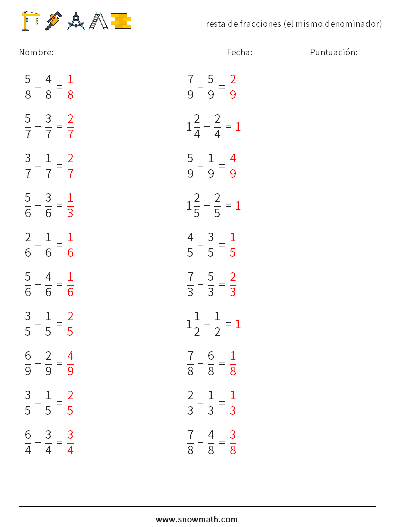(20) resta de fracciones (el mismo denominador) Hojas de trabajo de matemáticas 11 Pregunta, respuesta
