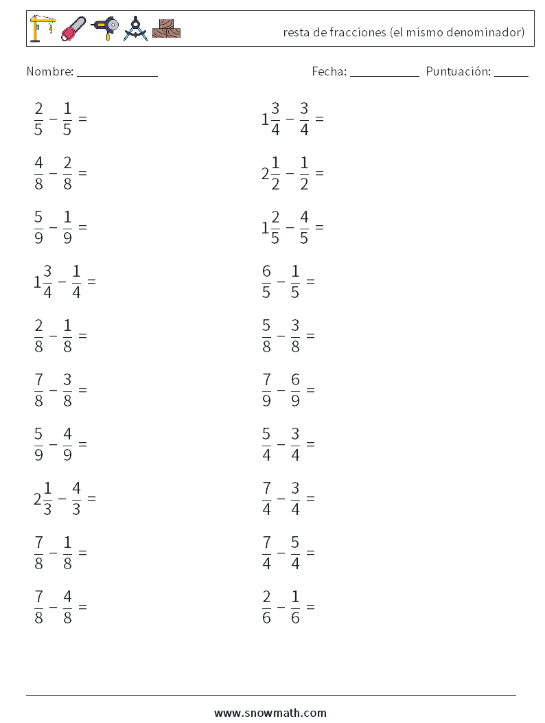 (20) resta de fracciones (el mismo denominador) Hojas de trabajo de matemáticas 12