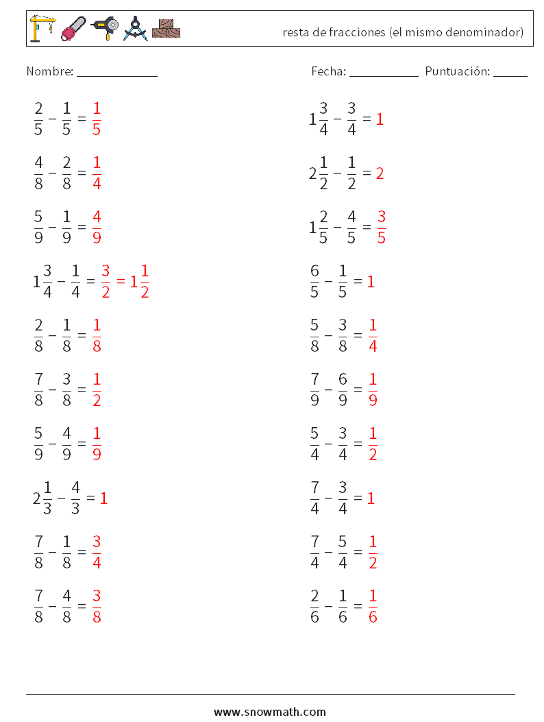 (20) resta de fracciones (el mismo denominador) Hojas de trabajo de matemáticas 12 Pregunta, respuesta