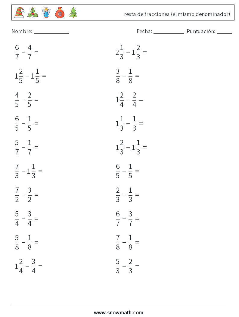 (20) resta de fracciones (el mismo denominador) Hojas de trabajo de matemáticas 13