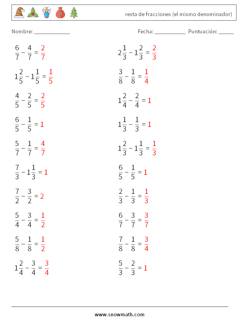 (20) resta de fracciones (el mismo denominador) Hojas de trabajo de matemáticas 13 Pregunta, respuesta