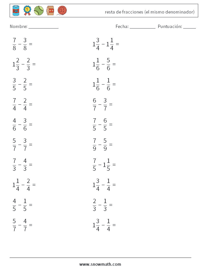 (20) resta de fracciones (el mismo denominador) Hojas de trabajo de matemáticas 14