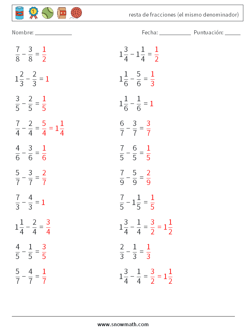 (20) resta de fracciones (el mismo denominador) Hojas de trabajo de matemáticas 14 Pregunta, respuesta
