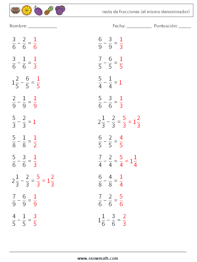 (20) resta de fracciones (el mismo denominador) Hojas de trabajo de matemáticas 15 Pregunta, respuesta