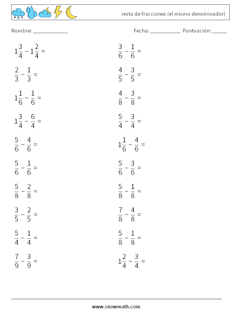 (20) resta de fracciones (el mismo denominador) Hojas de trabajo de matemáticas 16