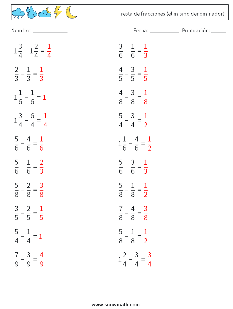 (20) resta de fracciones (el mismo denominador) Hojas de trabajo de matemáticas 16 Pregunta, respuesta