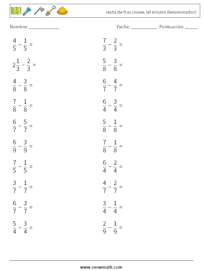 (20) resta de fracciones (el mismo denominador) Hojas de trabajo de matemáticas 17