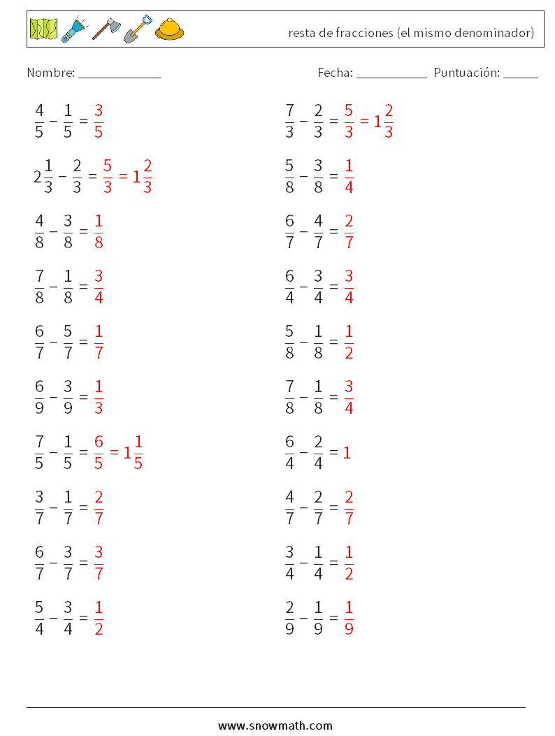 (20) resta de fracciones (el mismo denominador) Hojas de trabajo de matemáticas 17 Pregunta, respuesta