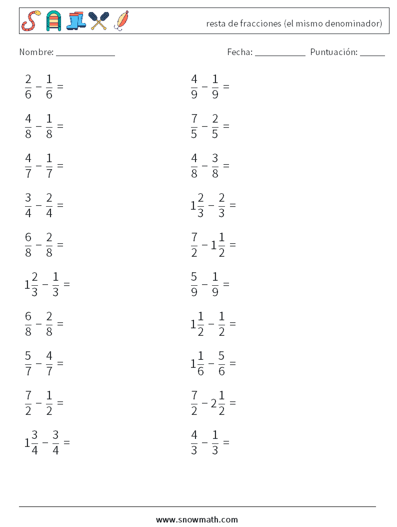 (20) resta de fracciones (el mismo denominador) Hojas de trabajo de matemáticas 18
