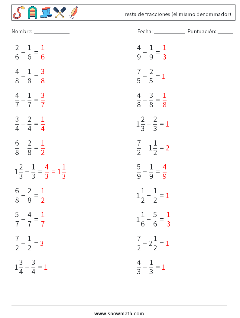 (20) resta de fracciones (el mismo denominador) Hojas de trabajo de matemáticas 18 Pregunta, respuesta