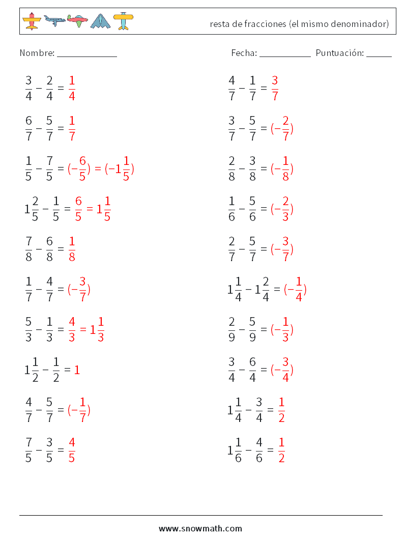 (20) resta de fracciones (el mismo denominador) Hojas de trabajo de matemáticas 1 Pregunta, respuesta