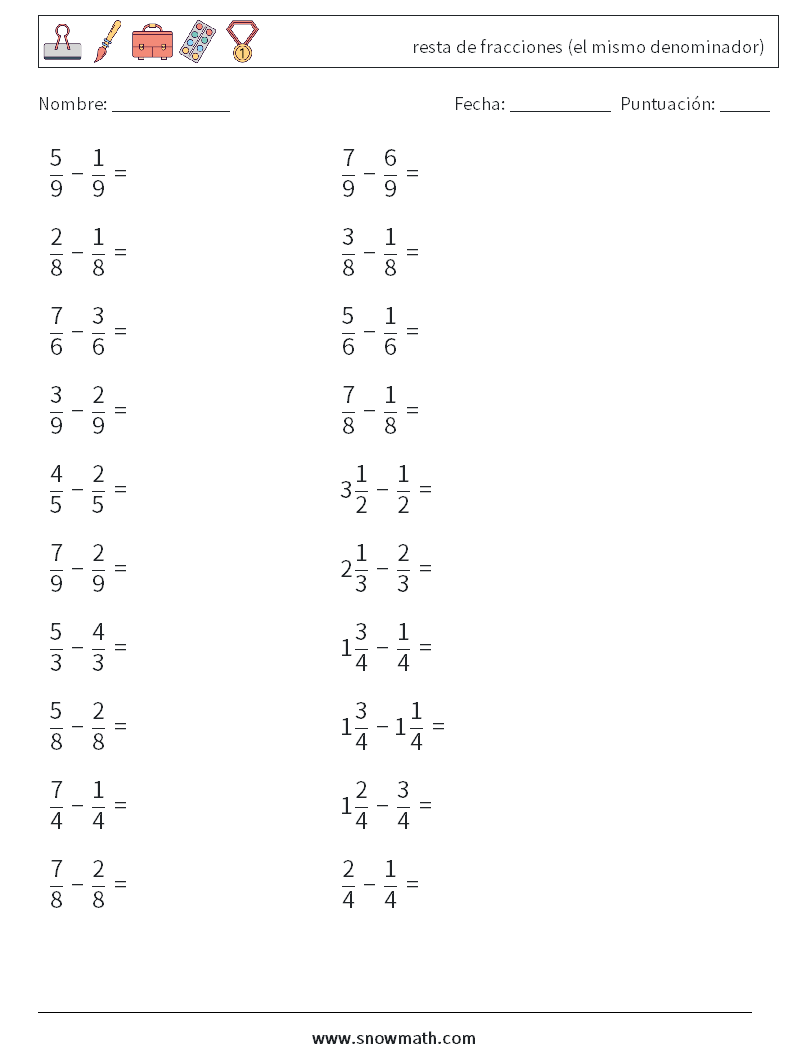 (20) resta de fracciones (el mismo denominador) Hojas de trabajo de matemáticas 2