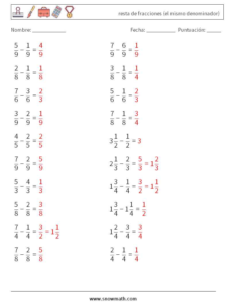 (20) resta de fracciones (el mismo denominador) Hojas de trabajo de matemáticas 2 Pregunta, respuesta