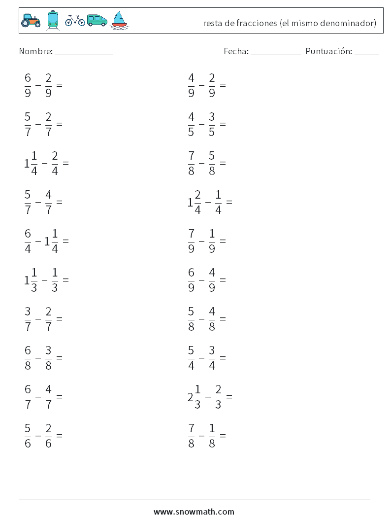 (20) resta de fracciones (el mismo denominador) Hojas de trabajo de matemáticas 3