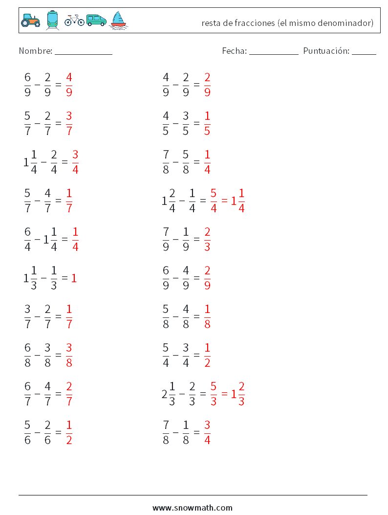 (20) resta de fracciones (el mismo denominador) Hojas de trabajo de matemáticas 3 Pregunta, respuesta