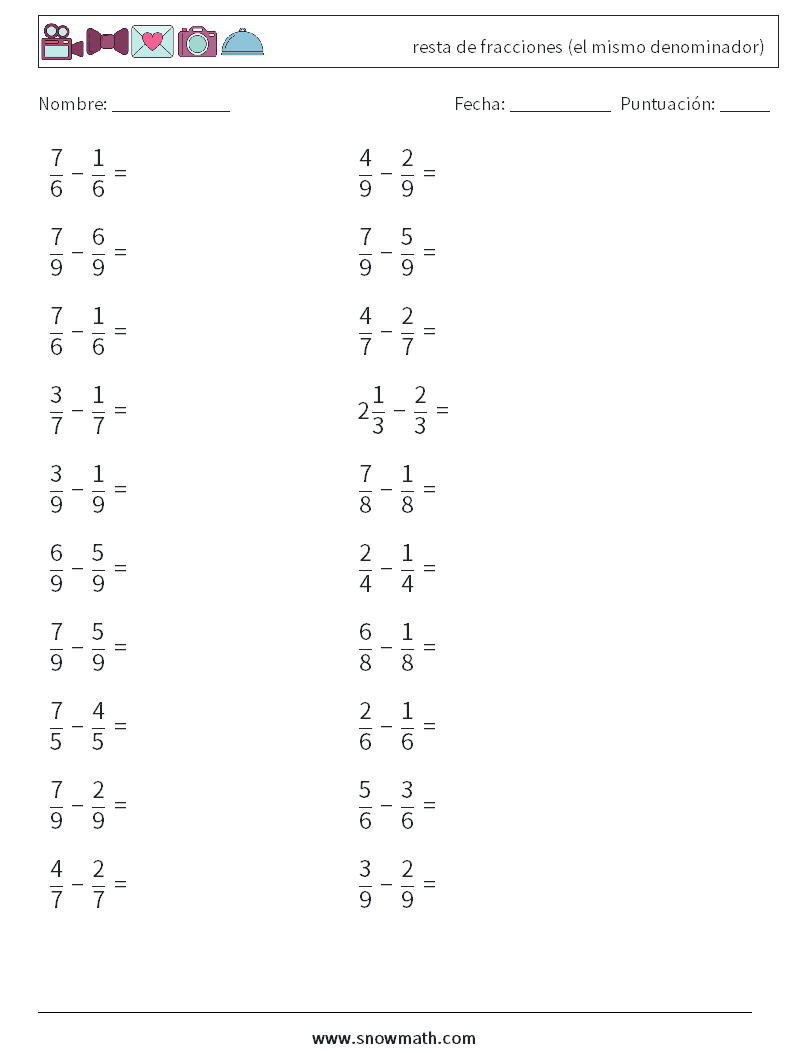 (20) resta de fracciones (el mismo denominador) Hojas de trabajo de matemáticas 4