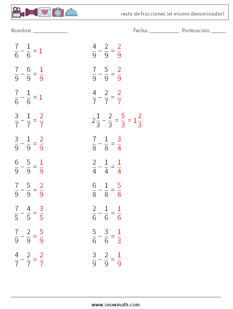 (20) resta de fracciones (el mismo denominador) Hojas de trabajo de matemáticas 4 Pregunta, respuesta