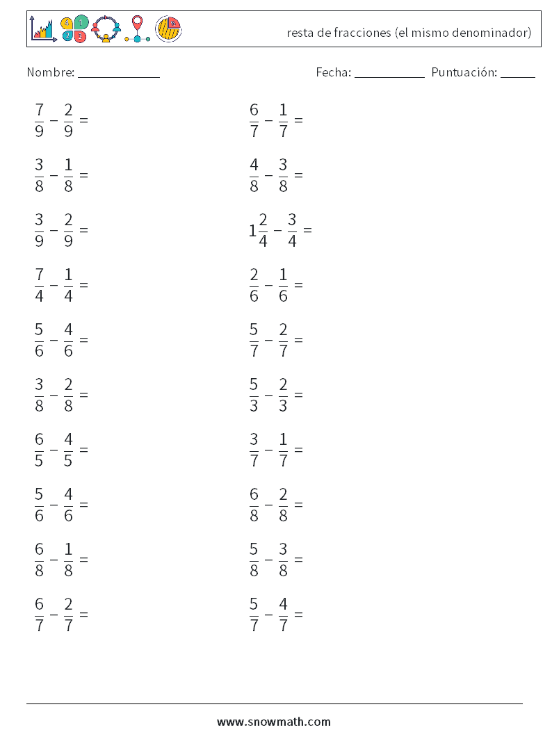(20) resta de fracciones (el mismo denominador) Hojas de trabajo de matemáticas 5