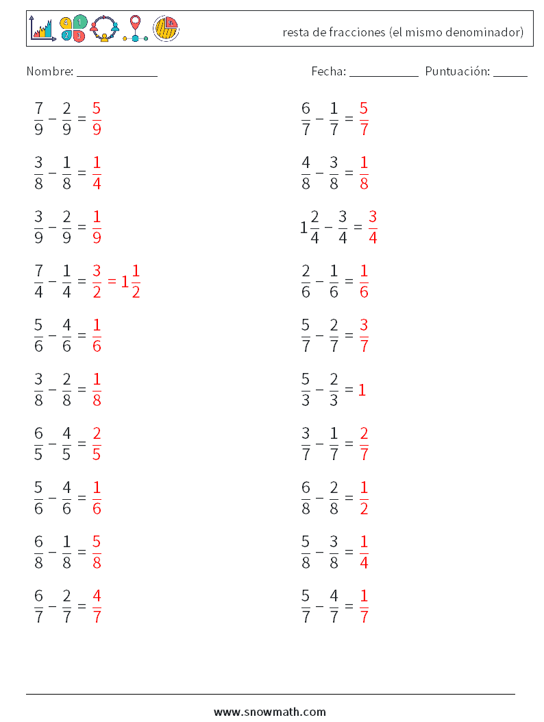 (20) resta de fracciones (el mismo denominador) Hojas de trabajo de matemáticas 5 Pregunta, respuesta