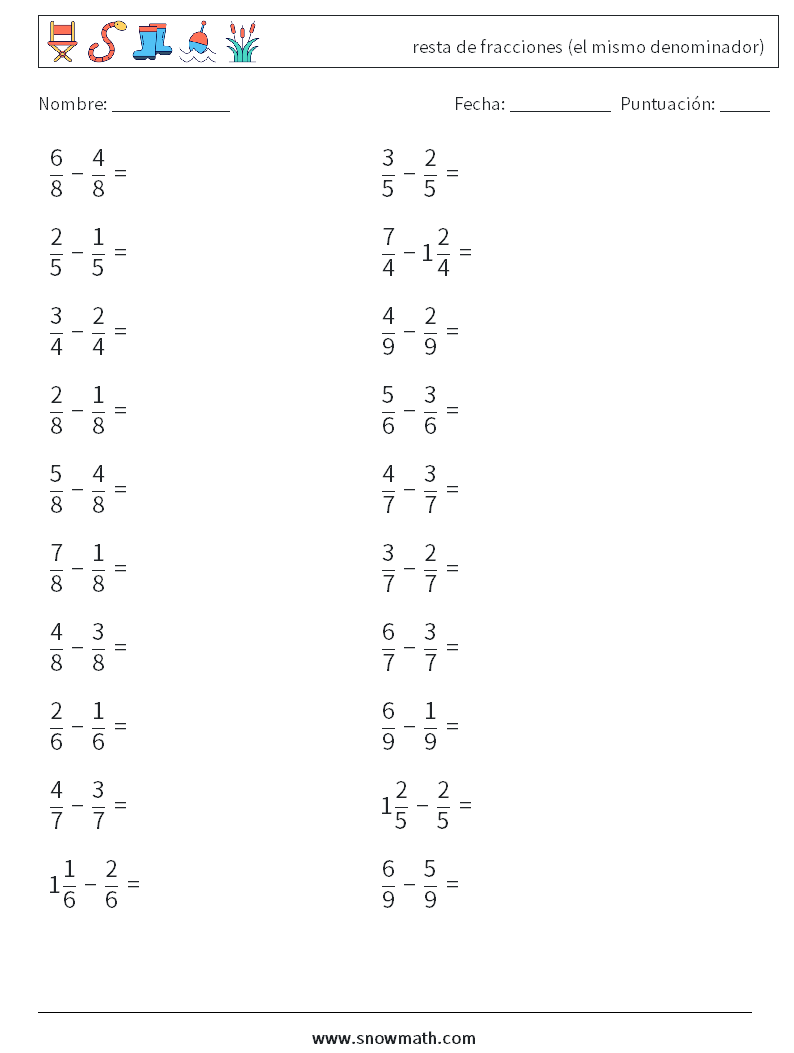 (20) resta de fracciones (el mismo denominador) Hojas de trabajo de matemáticas 6