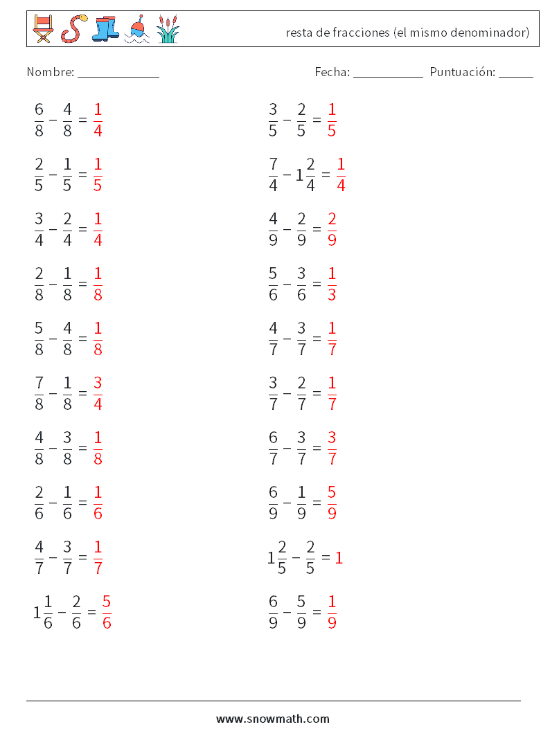 (20) resta de fracciones (el mismo denominador) Hojas de trabajo de matemáticas 6 Pregunta, respuesta