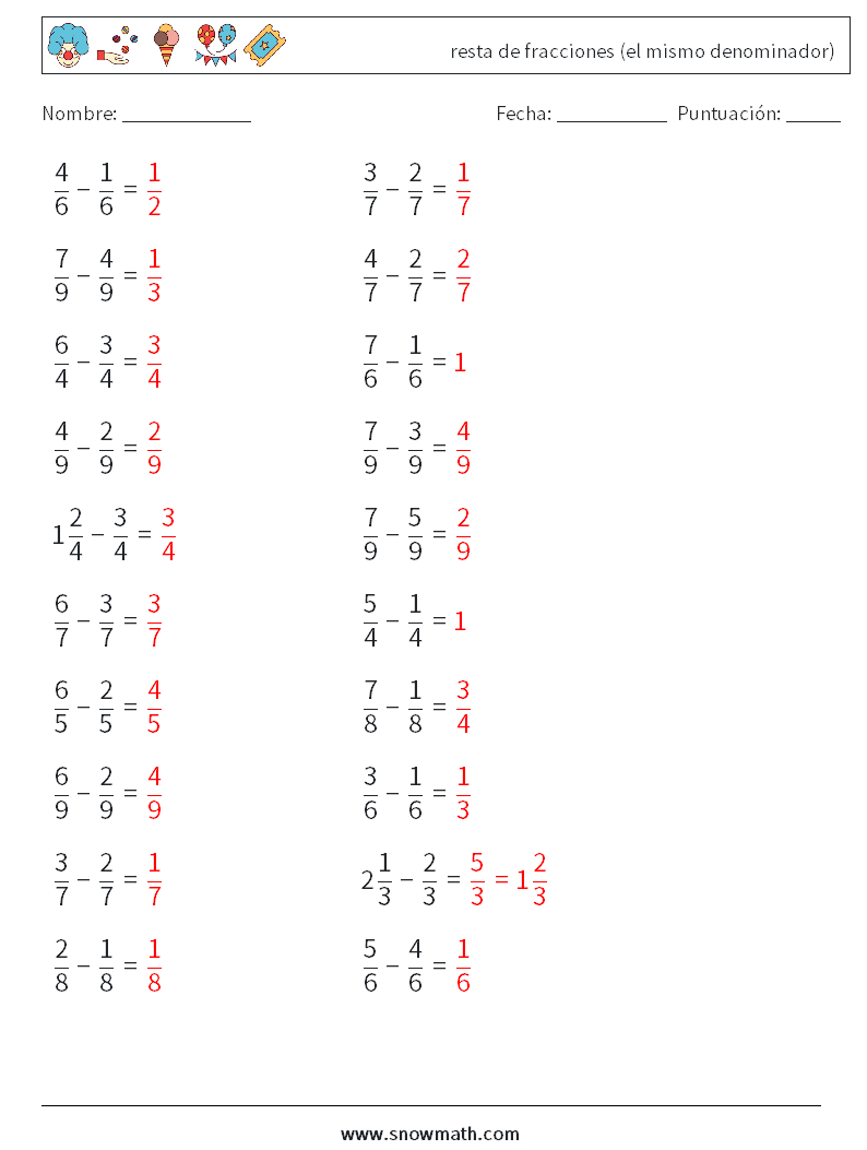 (20) resta de fracciones (el mismo denominador) Hojas de trabajo de matemáticas 7 Pregunta, respuesta