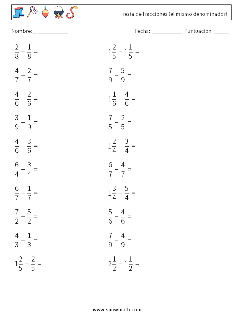 (20) resta de fracciones (el mismo denominador) Hojas de trabajo de matemáticas 8