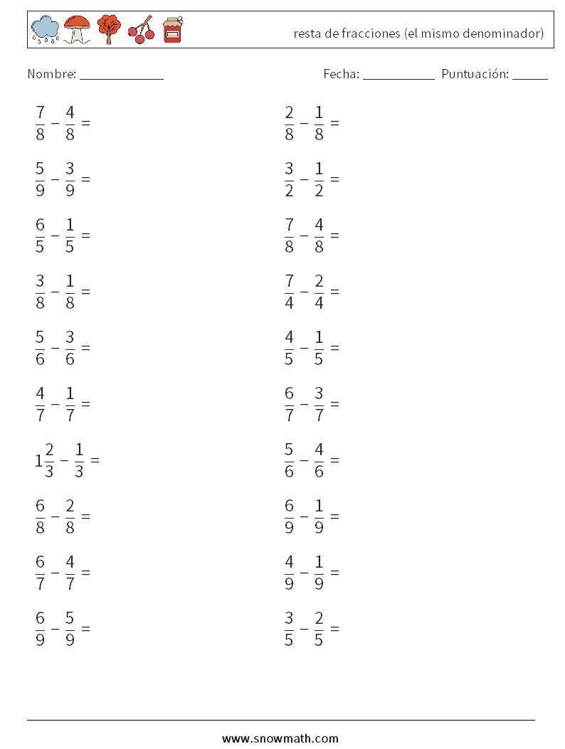 (20) resta de fracciones (el mismo denominador) Hojas de trabajo de matemáticas 9