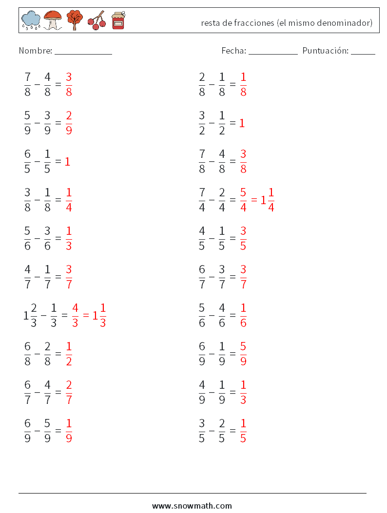 (20) resta de fracciones (el mismo denominador) Hojas de trabajo de matemáticas 9 Pregunta, respuesta