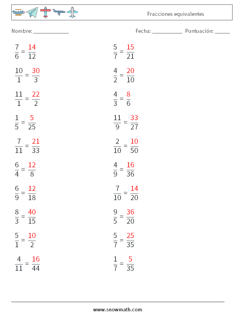 (20) Fracciones equivalentes Hojas de trabajo de matemáticas 1 Pregunta, respuesta