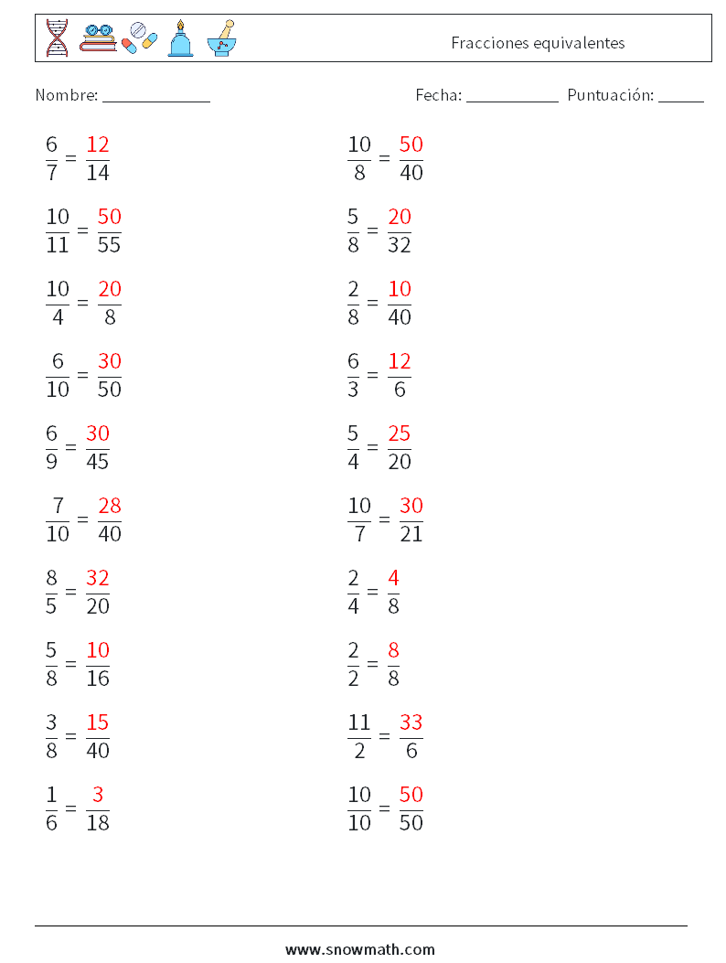 (20) Fracciones equivalentes Hojas de trabajo de matemáticas 2 Pregunta, respuesta