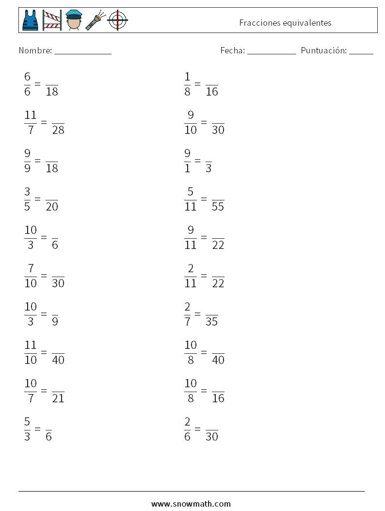 (20) Fracciones equivalentes Hojas de trabajo de matemáticas 3