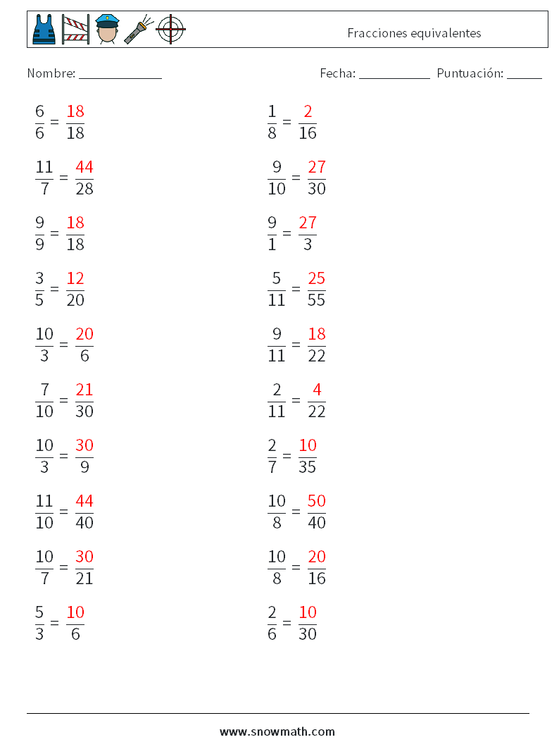 (20) Fracciones equivalentes Hojas de trabajo de matemáticas 3 Pregunta, respuesta