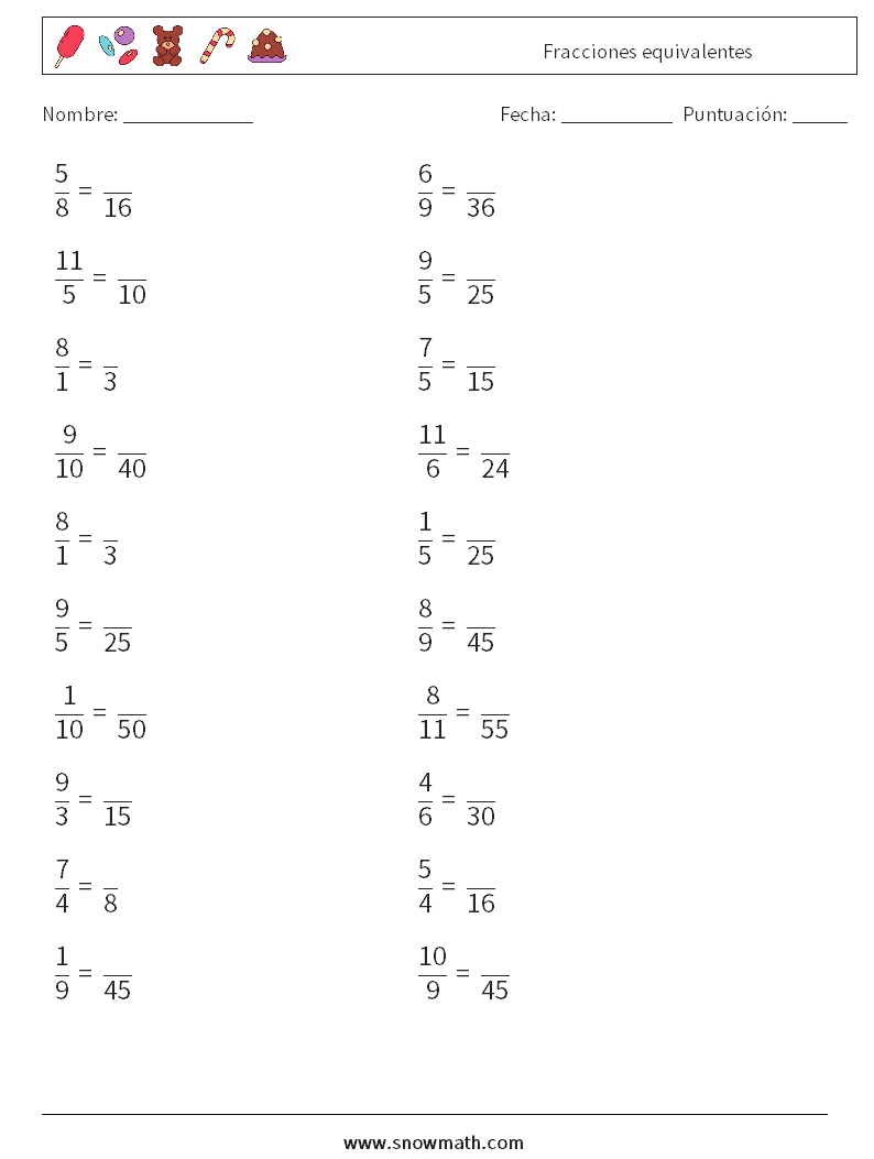 (20) Fracciones equivalentes Hojas de trabajo de matemáticas 4