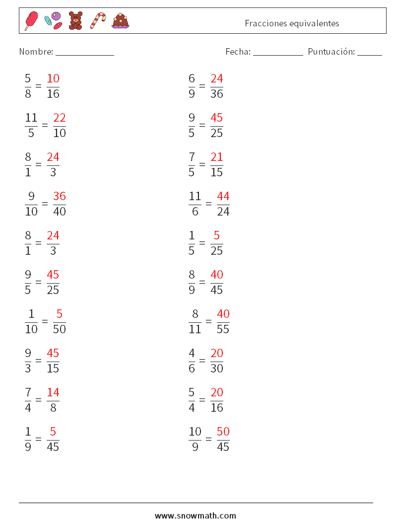 (20) Fracciones equivalentes Hojas de trabajo de matemáticas 4 Pregunta, respuesta