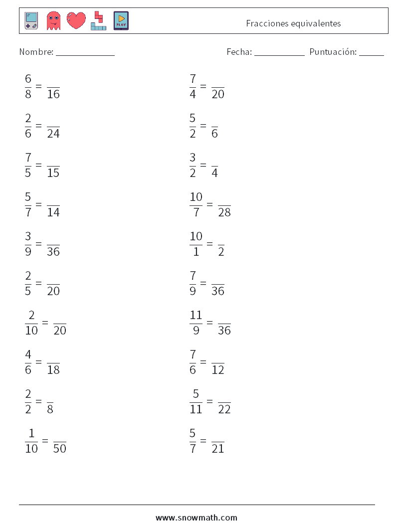 (20) Fracciones equivalentes Hojas de trabajo de matemáticas 5