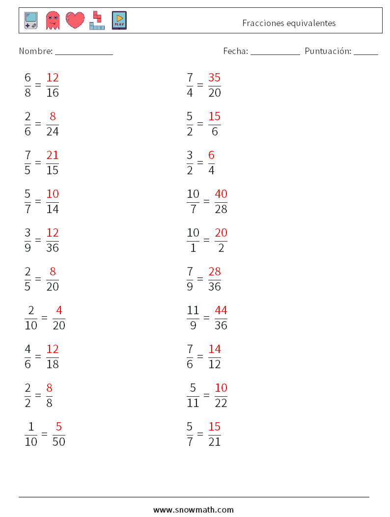 (20) Fracciones equivalentes Hojas de trabajo de matemáticas 5 Pregunta, respuesta