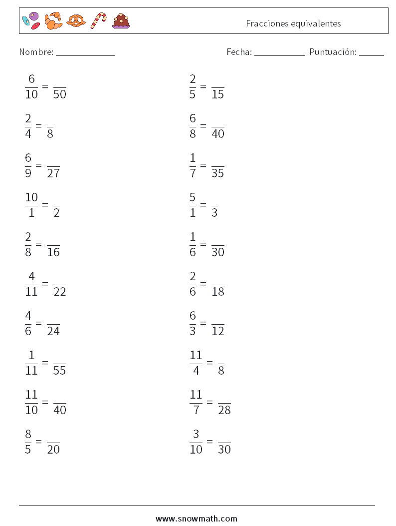 (20) Fracciones equivalentes Hojas de trabajo de matemáticas 6