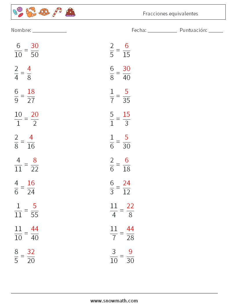 (20) Fracciones equivalentes Hojas de trabajo de matemáticas 6 Pregunta, respuesta