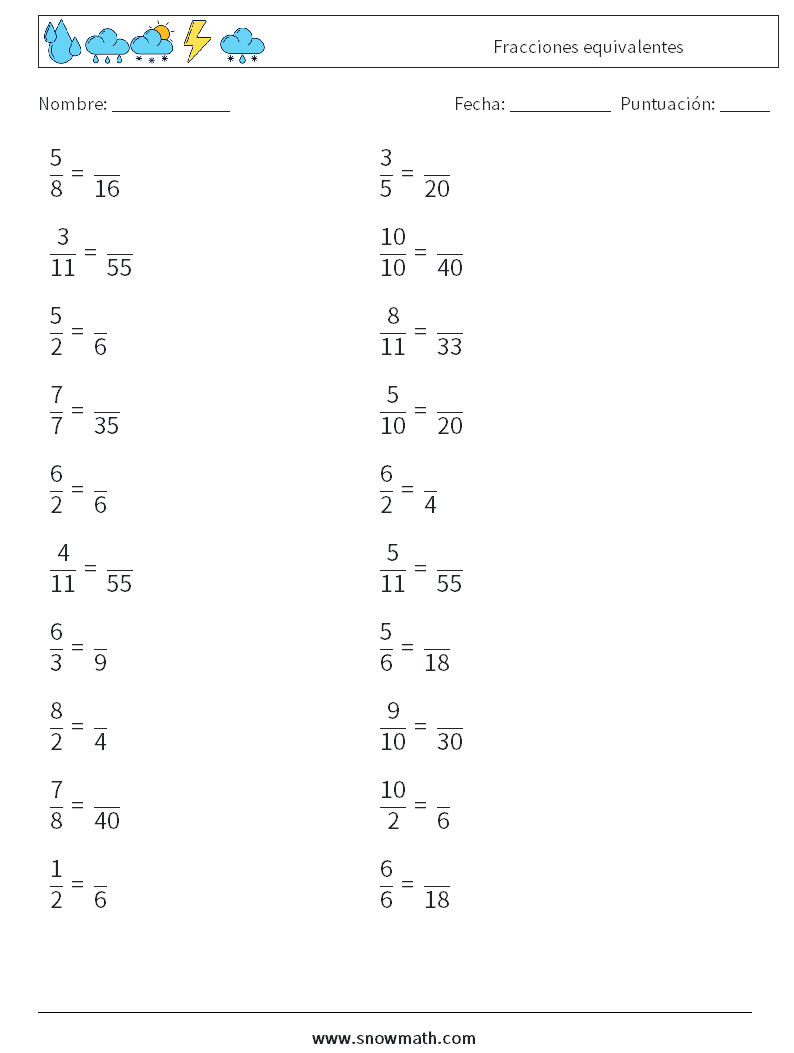 (20) Fracciones equivalentes Hojas de trabajo de matemáticas 7